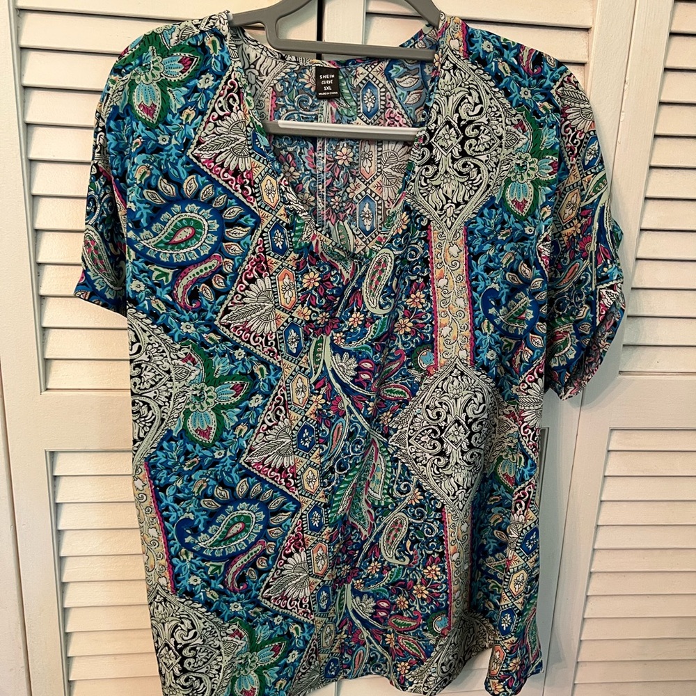 SHEIN Vibrant Blue and Green Paisley Blouse